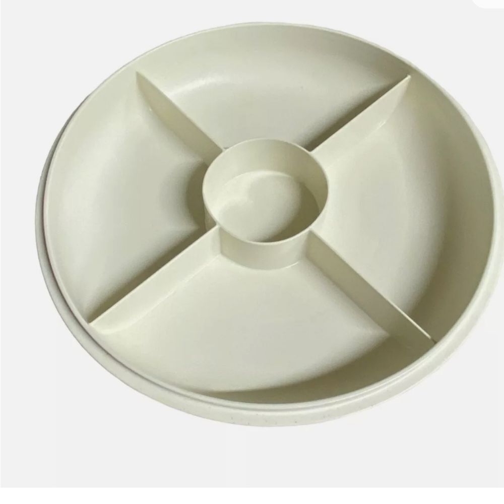 Vintage MCM Tupperware 1708 4 Section Chip Dip Tan Plate Tray